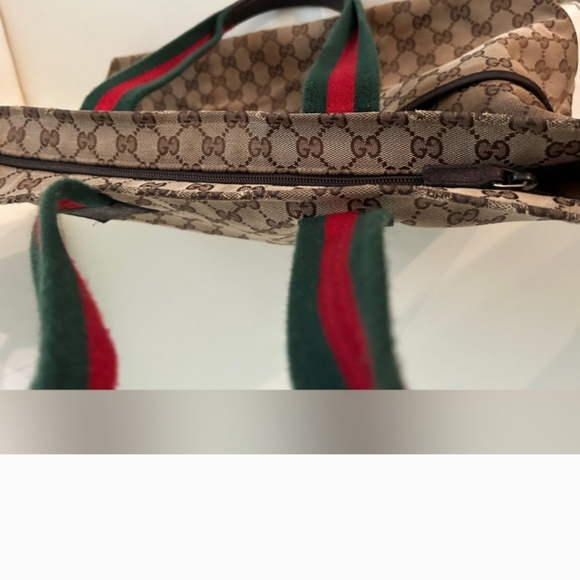 Gucci GG Jacquard Leather Shelly Shoulder Bag Green Burgundy Classic Stripe Tote - Picture 4 of 13
